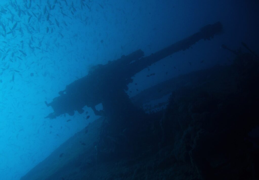 El cañón de popa del Thistlegorm a contraluz sobre el azul, bajo un banco de peces pequeños
