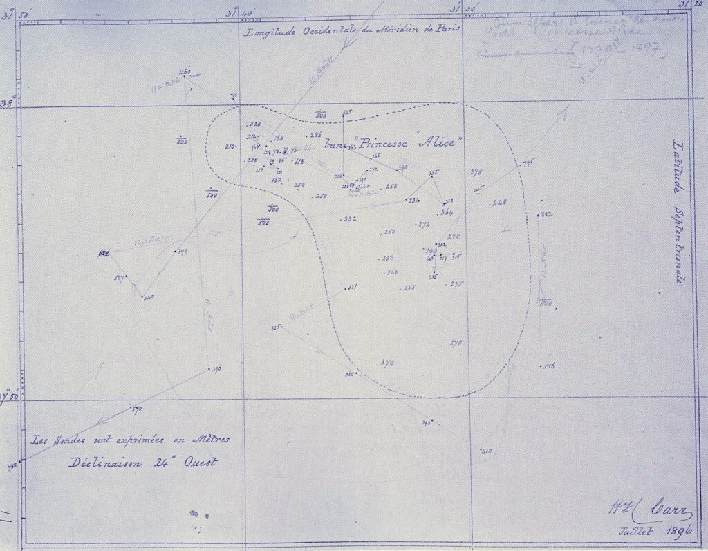 El levantamiento batimétrico del banco Princesa Alicia trazado con tinta azul en julio de 1896, con sondas en metros y contorno punteado, firmado por el capitán Carr