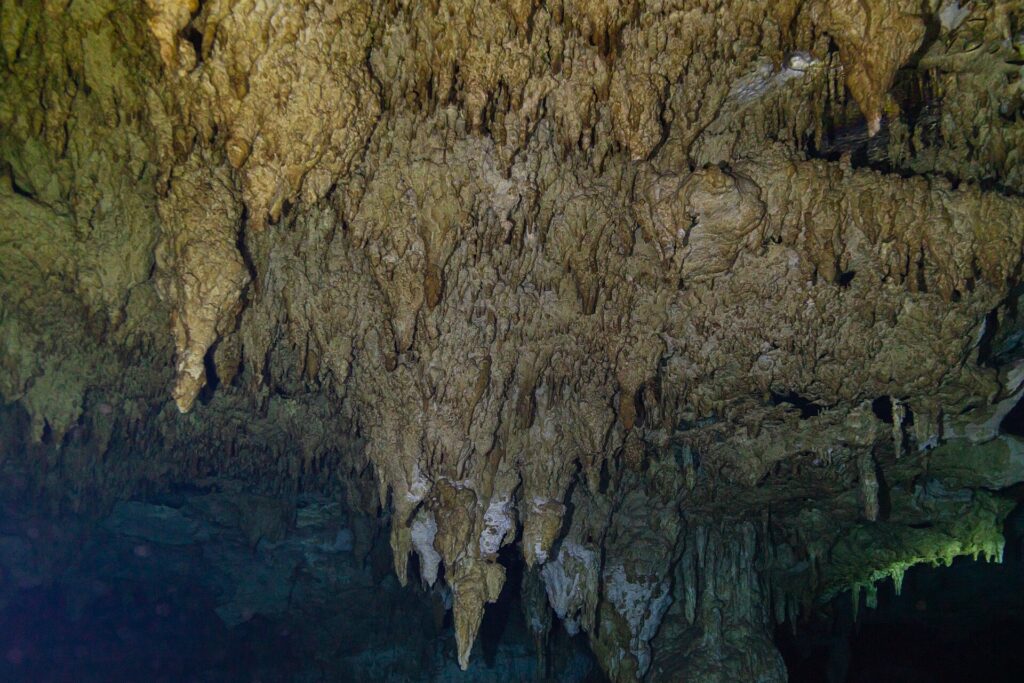 Un bosque de estalactitas beige que baja hacia el agua oscura, con una columna en el centro y un brillo verde a la derecha