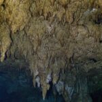 Un bosque de estalactitas beige que baja hacia el agua oscura, con una columna en el centro y un brillo verde a la derecha