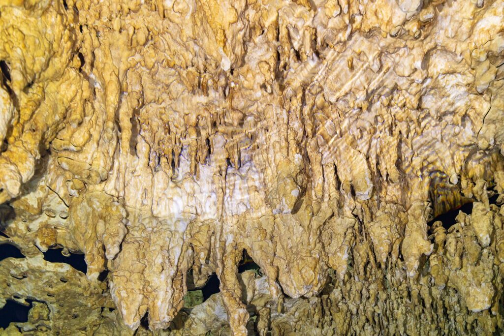 Primer plano de formaciones amarillo pálido y estalactitas finas, con el reflejo ondulado del agua abajo