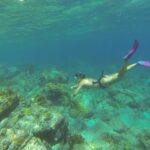 Una apneísta con máscara y aletas rosas desciende hacia un fondo de rocas y corales, bajo la superficie rizada, en un agua turquesa
