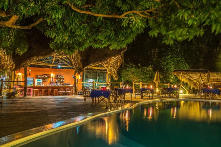 El bar y las mesas con manteles azules junto a la piscina, de noche