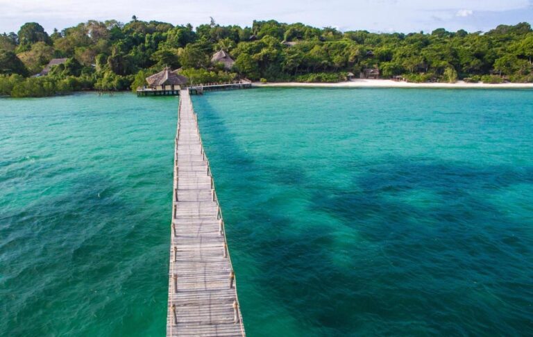 El largo embarcadero de madera del Fundu Lagoon sobre el agua turquesa, frente a la costa boscosa