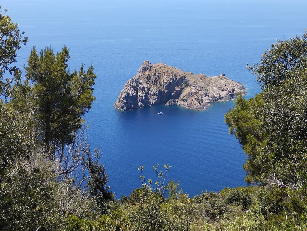 Vista en picado desde las alturas de Port-Cros, entre pinos y arbustos, del islote rocoso y escarpado de La Gabinière sobre un mar azul profundo, con un pequeño barco blanco fondeado a sus pies.