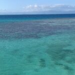 La laguna vista desde arriba, agua turquesa salpicada de macizos de coral oscuros, la barrera donde rompen las olas a la derecha y las montañas de la Grande Terre en el horizonte