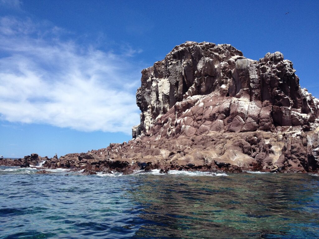 Las rocas rojizas de Los Islotes bajo un cielo azul, con lobos marinos tumbados a ras del agua y un acantilado agrietado encima