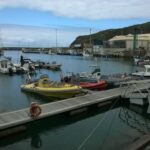 Lanchas semirrígidas, una amarilla con filas de asientos y una roja, amarradas al pantalán de la marina de Vila do Porto, con veleros y barcos de pesca al fondo bajo un acantilado verde y un cielo nublado
