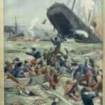 Grabado en color del Liban que se hunde con la proa levantada y la bandera tricolor en el mástil, mientras unos marineros suben a los botes a pasajeros caídos al agua, bajo el título La catástrofe del Liban, el rescate de los pasajeros.