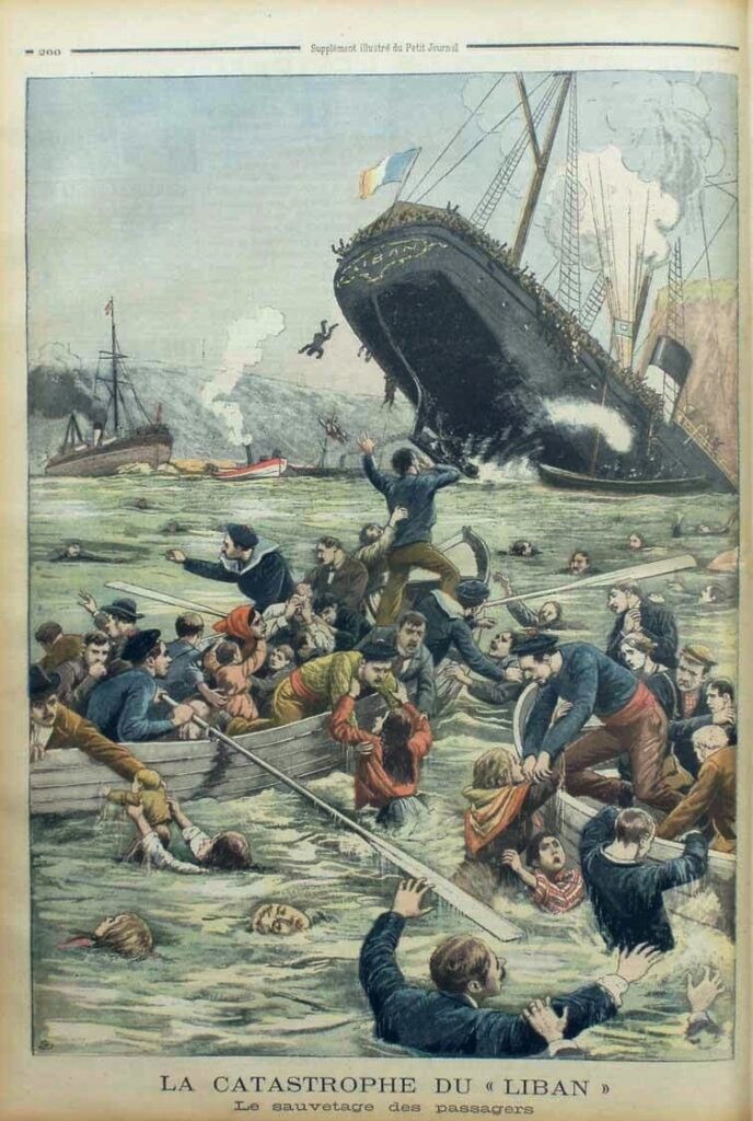 Grabado en color del Liban que se hunde con la proa levantada y la bandera tricolor en el mástil, mientras unos marineros suben a los botes a pasajeros caídos al agua, bajo el título La catástrofe del Liban, el rescate de los pasajeros.