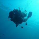 Un buceador en silueta visto desde abajo, con la botella, los reguladores y las aletas recortados sobre el agua turquesa y las burbujas subiendo hacia la superficie iluminada.