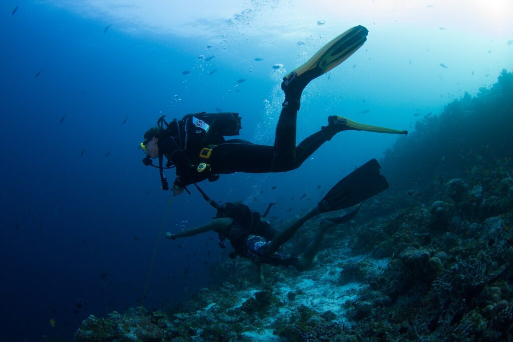 Dos buceadores sobre una pendiente de arrecife, uno sujeto con la cuerda de un gancho de arrecife y el otro en pantalón corto, en un agua azul llena de peces pequeños