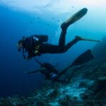 Dos buceadores sobre una pendiente de arrecife, uno sujeto con la cuerda de un gancho de arrecife y el otro en pantalón corto, en un agua azul llena de peces pequeños