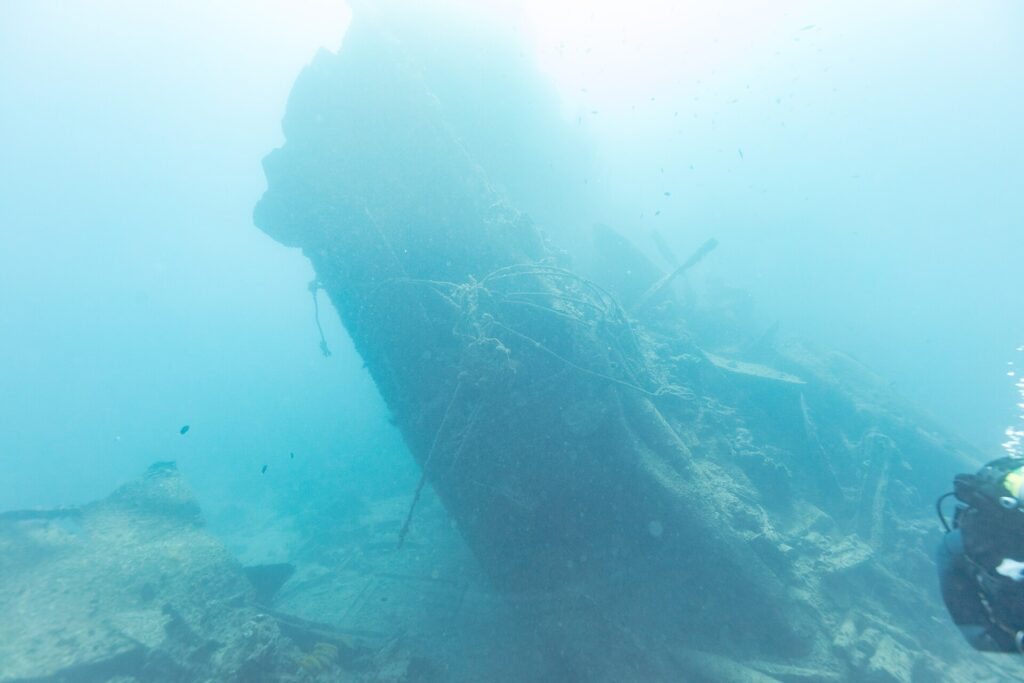 La popa rota del Thistlegorm, levantada e inclinada en el azul, con un buceador a la derecha