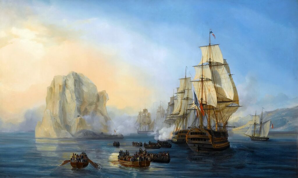 Pintura de una escuadra francesa a toda vela que cañonea una gran roca clara, mientras unas chalupas cargadas de soldados reman hacia ella