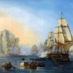 Pintura de una escuadra francesa a toda vela que cañonea una gran roca clara, mientras unas chalupas cargadas de soldados reman hacia ella