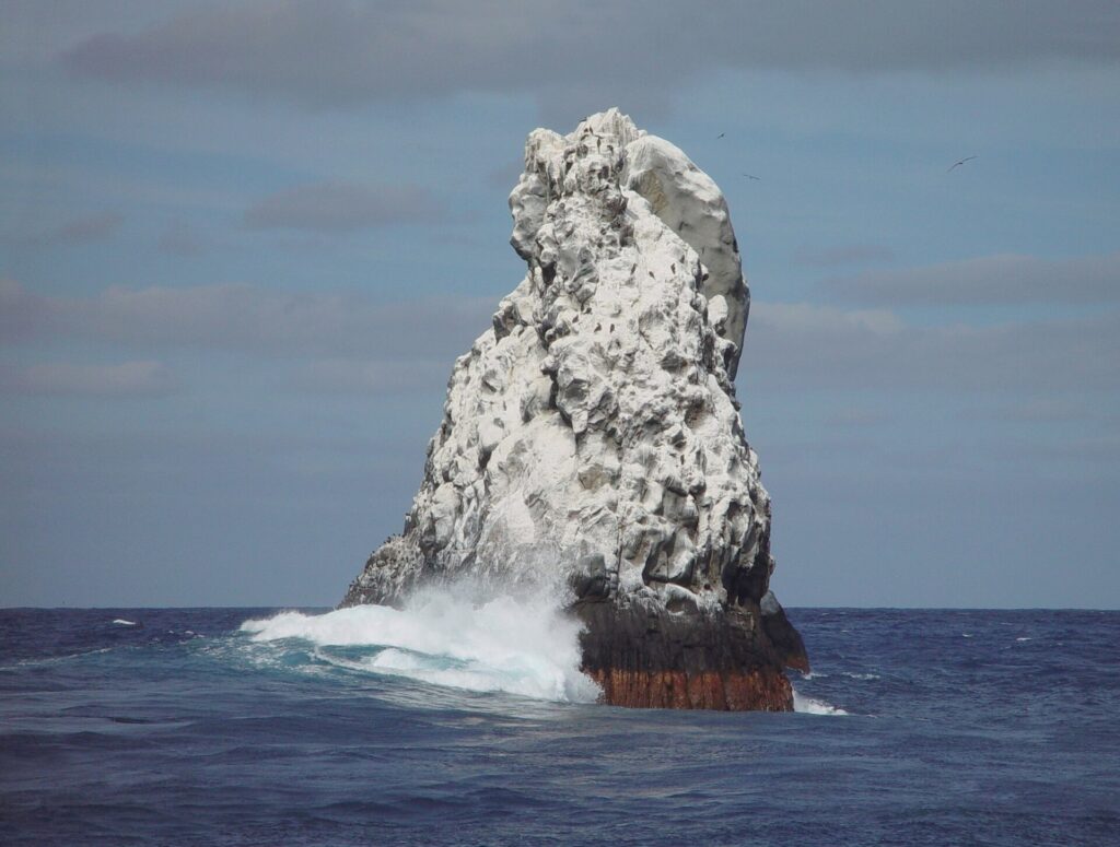 El pico noroeste de Roca Partida, blanco de guano, visto desde el barco, con una ola que rompe en su base y aves en vuelo encima