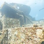 Las superestructuras de proa del Thistlegorm cubiertas de corales duros, vistas desde la cubierta