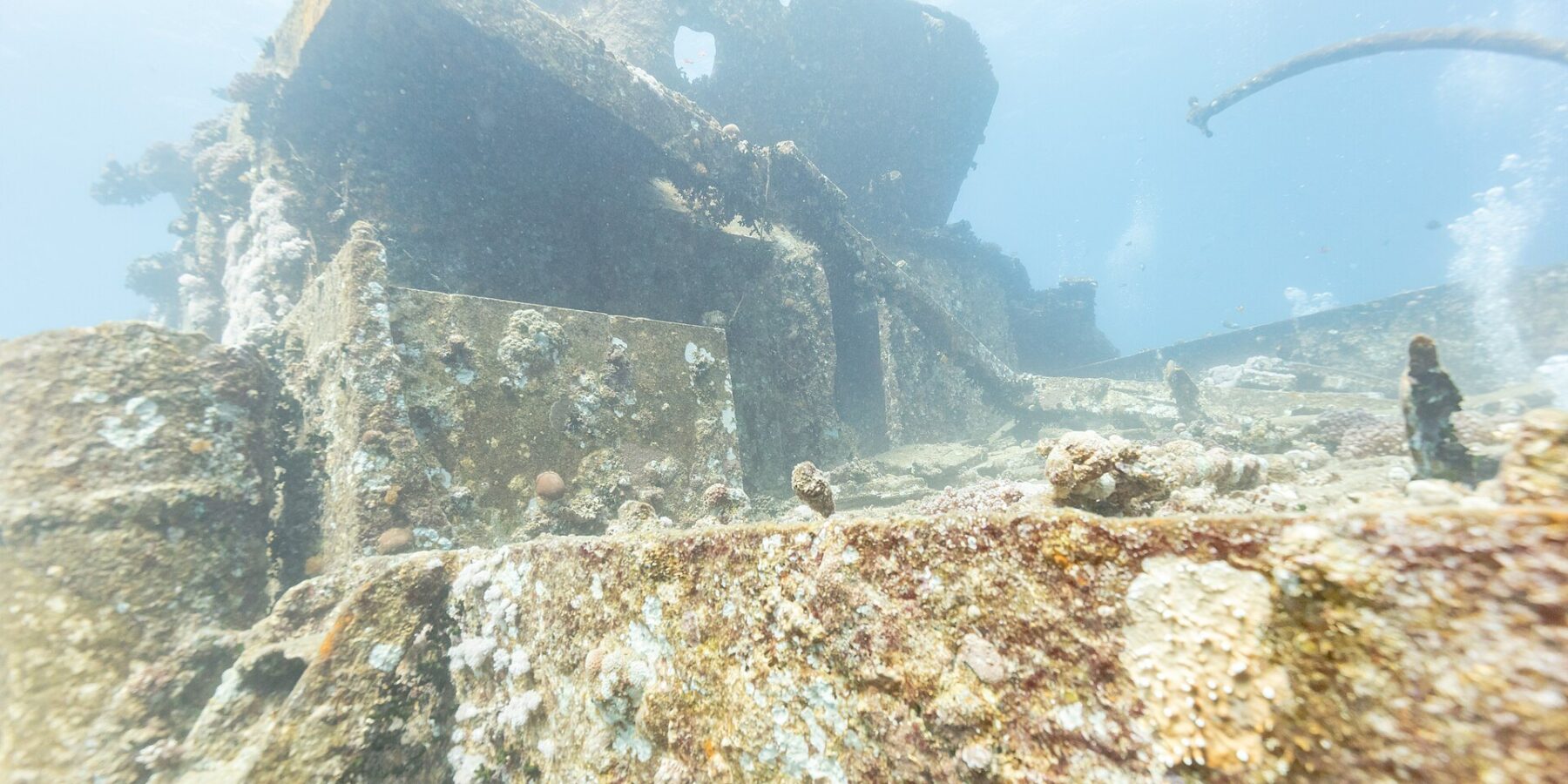 Las superestructuras de proa del Thistlegorm cubiertas de corales duros, vistas desde la cubierta