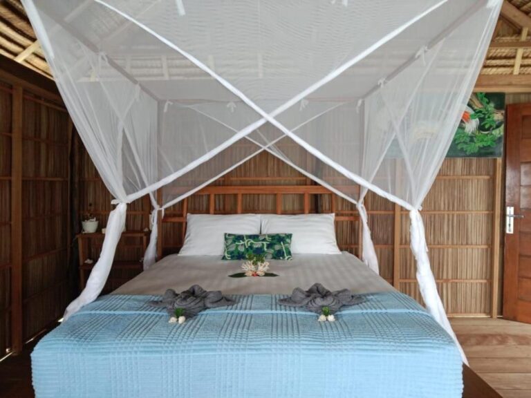 Una cama con mosquitero y colcha azul claro, junto a un cuadro de un pájaro y una puerta de madera