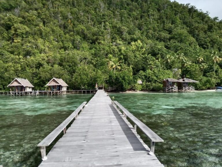 Un largo pontón con bancos que lleva a la orilla, entre los bungalows del Terimakasih Homestay