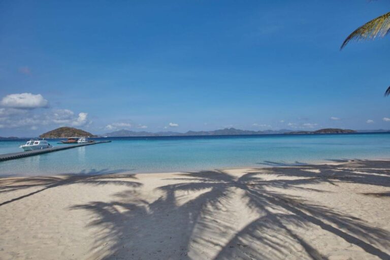 La sombra de las palmeras sobre la arena, frente a los barcos amarrados al pontón y a las islas a lo lejos